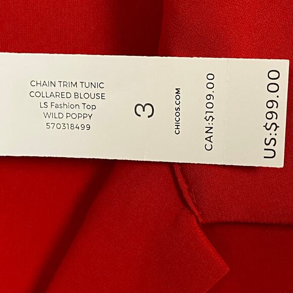 Chico’s Women's Red Long Sleeve Tunic Blouse Top Gold Chain Trim Size 16/18 NWT - Picture 10 of 14